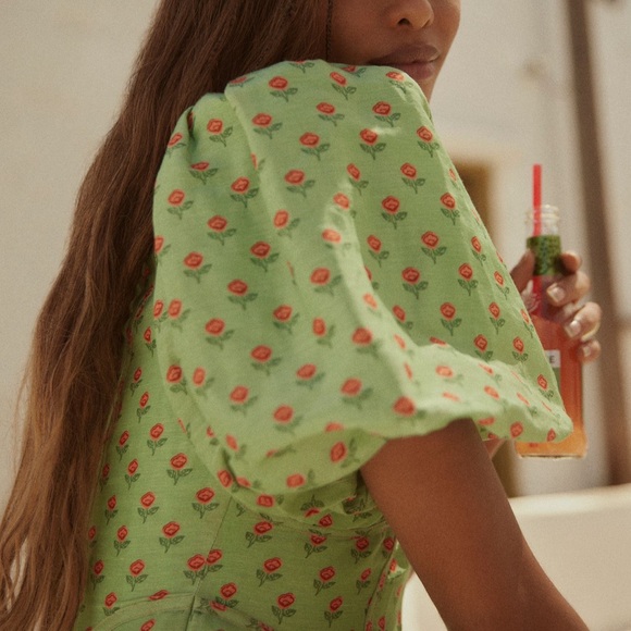 LOVAAN NWT Adeline Mini Puff Sleeve Linen Silk Dress in Green Rosette Size 10 - Picture 5 of 11